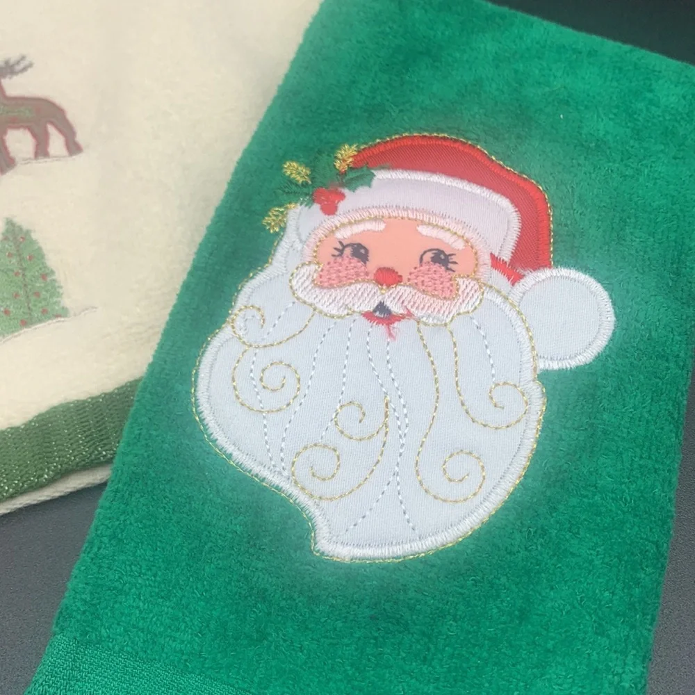 Six Vintage Fringed Christmas Tree Santa Bells Deer Holly Hand Finger Towels